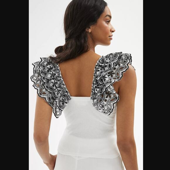 Anthropologie Ruffle-Sleeve Black & White Eyelet Top - New - 1X - Picture 2 of 7